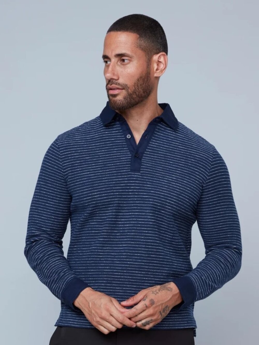 HEDGE Navy with White Striped Knit Polo/54384
